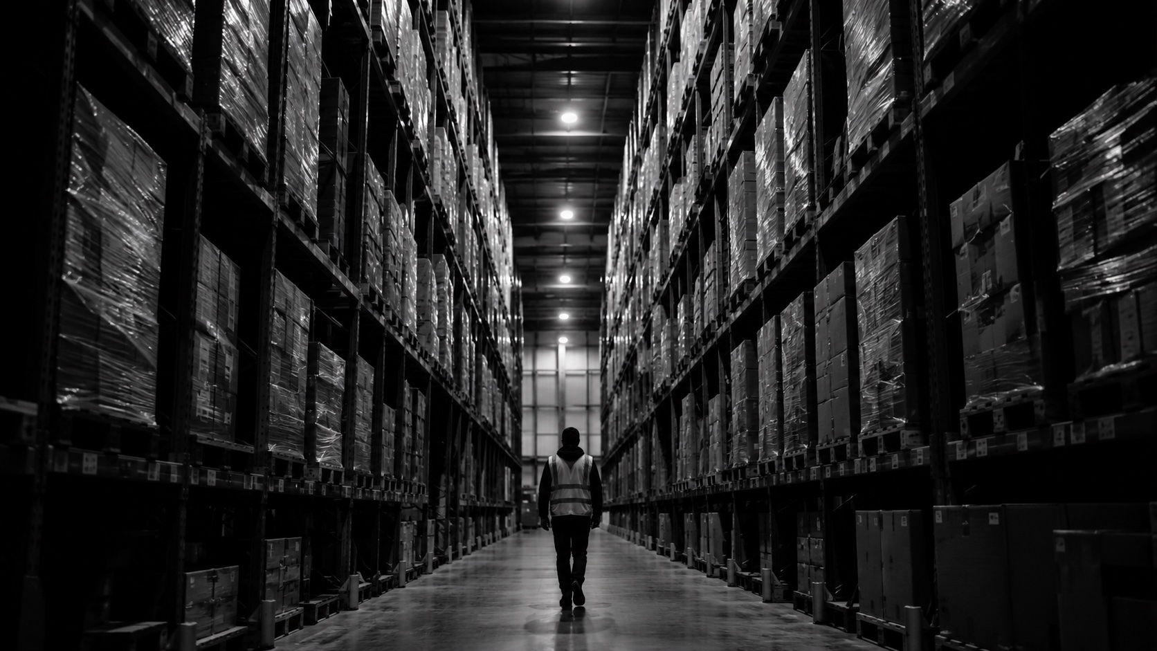 Order picker silhouette under high racks